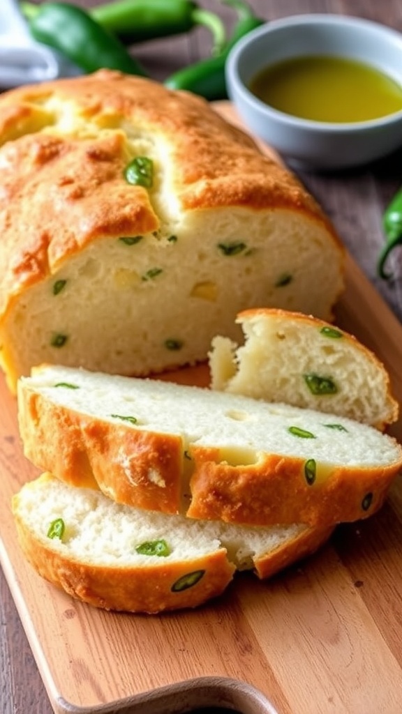 Gluten-Free Jalapeño Cheddar Sourdough Bread Recipe Gluten-free jalapeño cheddar sourdough bread loaf, sliced to show soft interior with jalapeños and cheese.